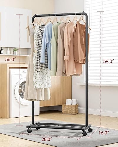 Sakugi Clothes Rack - Clothing Rack with Storage Mesh Shelf & Casters, Heavy-Duty Metal Clothing Rack for Hanging Clothes, Dresses, Coats, Large Load Capacity, Easy Assembly, Black, 28.0"x16.9"x59.0" thumbnail 3