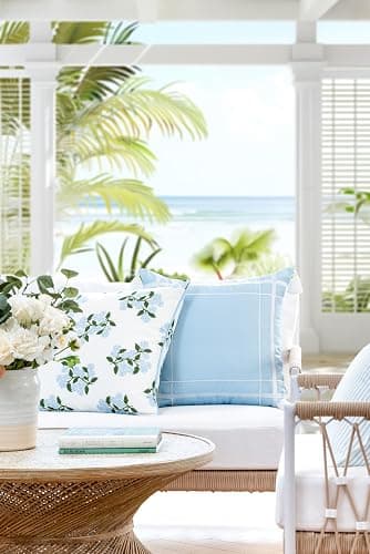 Hofdeco Premium Coastal Patio Indoor Outdoor Throw Pillow Cover Only, 20"x20" Water Repellent for Backyard, Couch, Baby Blue Print Hydrangea Flower thumbnail 2