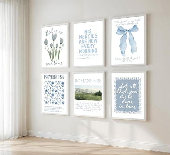 Set of 6 Trendy Blue Christian Canvas Wall Art Bible Verses Preppy Posters Coquette Blue Bow Biblical Painting Pictures Religious Scripture Prints for Girls Room Dorm Apartment Home Decor Unframed thumbnail 3