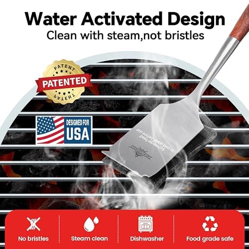 Bristle-Free Steam Cleaning Grill Brush Kit – Luxurious Long Rosewood Handle, Includes 1 Replacement Head – Safe BBQ Grill Cleaning for Outdoor Grill – Great Gift for Men/Dad thumbnail 2