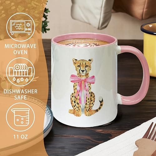 Foyoulame Pink Bow Decor Leopard Coffee Mugs - Leopard Mug, Preppy Coquette Cheetah Coffee Teacup, Trendy Girly Gifts for Women Girls, Pink Preppy Coquette Bow Cheetah Ceramic CoffeeMug 11oz thumbnail 5
