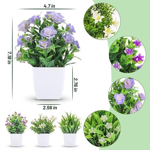 Der Rose 4 Pack Small Fake Plants Mini Artificial Faux Plants Indoor with Flowers Spring Decorations for Home Room Farmhouse Desk House Bathroom Decor thumbnail 3