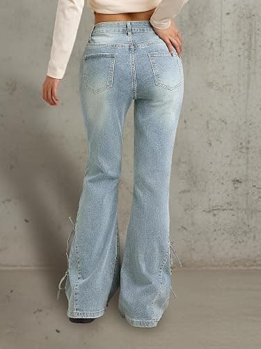 Women Bell Bottom Jeans Lace Up Bow Stretch Flare Denim Pants Cute Y2k Vintage Jeans thumbnail 4