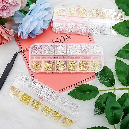 3D Nail Charms, VEGCOO 3 Boxes Gold Silver Nail Stuff Nail Gems Rhinestones Charms with Tweezers, Assorted Styles Bows Stars Pearls Nail Art Charms for Women Girls Nail Art DIY Accessories thumbnail 6