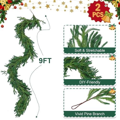 Hananona 9 Ft 2 Pcs Artificial Norfolk Pine Garlands, Realistic Pine Garland, Green Artificial Greenery Garland for Table, Mantle, Wall, Indoor, Outdoor Winter Christmas Decorations (2, 9 FT) thumbnail 3