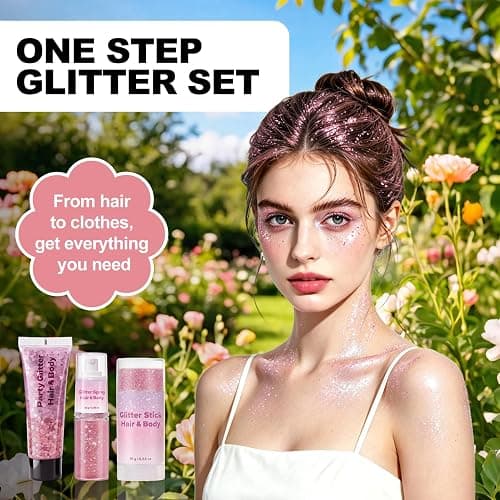3-in-1 Body Face Hair Glitter Set, Pink Glitter Gel & Glitter Stick & Glitter Spray, Waterproof Women Makeup for Halloween Concert Festival Rave Accessories thumbnail 5