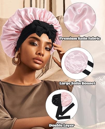 Satin Bonnet Silk Bonnet for Sleeping Silk Sleep Cap Double Layer Hair Bonnet with Elastic Tie Band for Curly Hair Night Cap (Black + Peach Pink) thumbnail 4