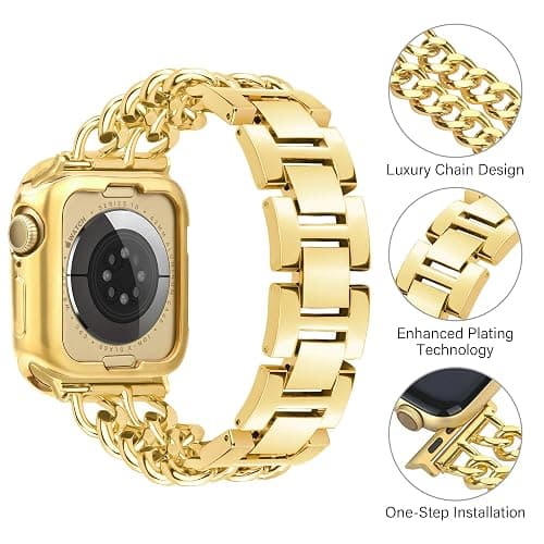 Anaiboho Gold Apple Watch Bands for women men Double Chain iWatch Bands for 44mm 42mm 45mm, Compatible with Apple Watch SE Series 9 8 7 6 5 4 3 2 1(With Case) thumbnail 3