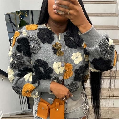 OPCAKM Women's Cropped Floral Print Shacket Jackets Round Neck Long Sleeve Bomber Coat Outerwears thumbnail 3