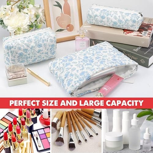 Gocvo 3 Pcs Makeup Bag Cosmetic Bag Set for Girls Women Checkered Travel Organizer Bathroom Toiletry Pouch Large Capacity Storage Bag(Blue Flower) thumbnail 2