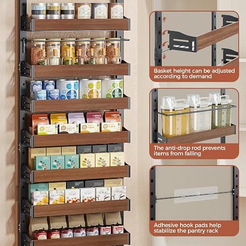 Freexployer 8-Tier Spice Rack Wall Mount, Heavy-Duty Over the Door Pantry Organizer with Wooden Adjustable Basket, 2 IN 1 Wall Mount or Hanging Pantry Door Organizer,Door Spice Rack for Pantry, Black thumbnail 4