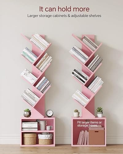 SUNMORY 6 Tier Tree Bookshelf, Tall Bookcase with Storage Cabinet, Modern Narrow Bookshelves Organizer, Floor Standing Book Shelf for Bedroom/Living Room/Home Office/Corner, Pink thumbnail 4