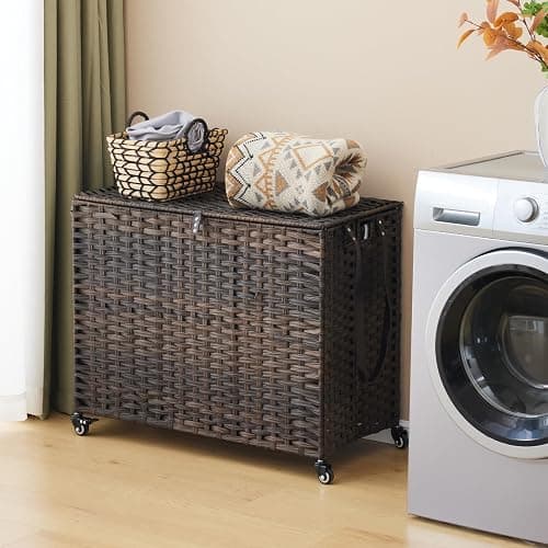 Laundry Hamper with Wheels, 52.8 Gallon(200L) Rolling Laundry Basket with Lid, 3-Section Rattan Clothes Hamper with 3 Removable Liner & 3 Mesh Bags, Laundry Sorter with Side Pocket, Brown thumbnail 2