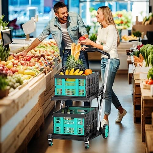 Collapsible Shopping Cart, 8-in-1 200LBS Multi Functional Utility Cart with 2 Storage Crate, Adjustable Handle Grocery Cart on Wheels for Shopping/Warehouse/Office/Supermarket - Blue thumbnail 2