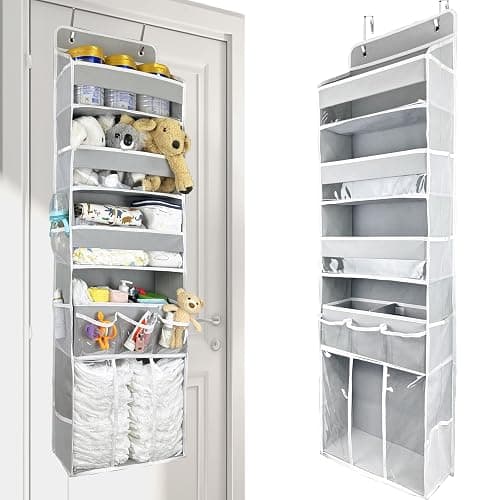 Door Hanging Storage Organizer,with 3 Bins 1 Movable Baby Diaper Caddy,1 Large capacity diaper stacking storage Organizer,10 Side Pockets ,Bedroom Door Storage for Nursery Baby Essentials.Grey 1 Pack. thumbnail 6