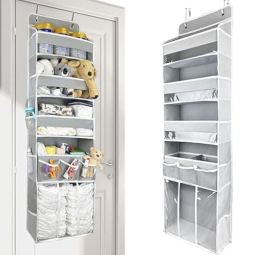 Door Hanging Storage Organizer,with 3 Bins 1 Movable Baby Diaper Caddy,1 Large capacity diaper stacking storage Organizer,10 Side Pockets ,Bedroom Door Storage for Nursery Baby Essentials.Grey 1 Pack. - grey thumbnail 6