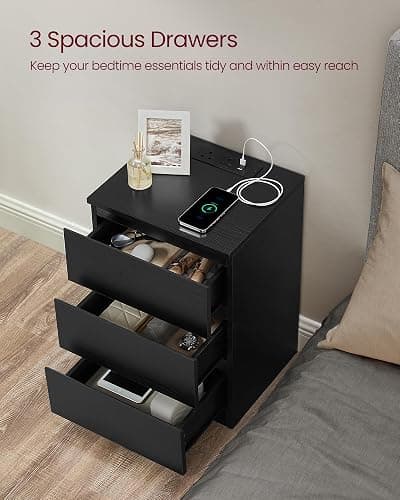 VASAGLE KAILYN Collection - Bedside Tables with Power Strip, Set of 2 Side End Tables with Drawers, 2 AC Outlets, 2 USB Ports, for Living Room, Bedroom, Study, Ebony Black LET831B57 thumbnail 5