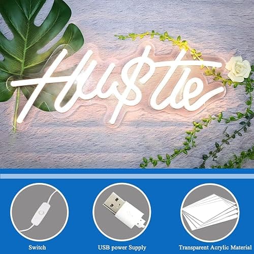 HUSTLE Neon Signs for Wall Decor, Hustle Words LED Neon Lights for Bedroom Man Cave Dorm Gym Room Office Room, USB Powered, Humble Led Neon Light Sign for Party Decorations (Hustle2) thumbnail 7