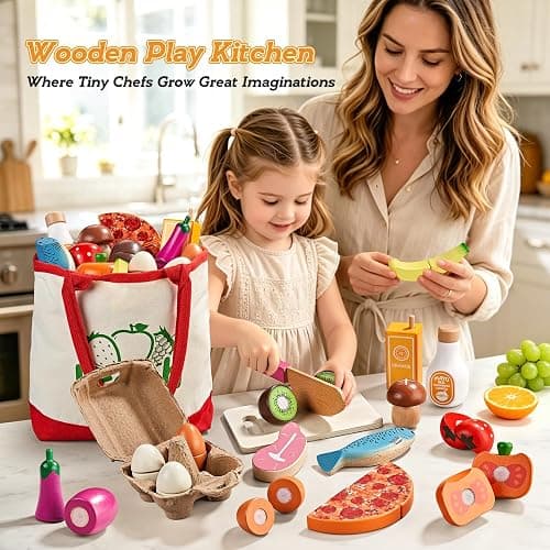 LAUGIGLE Wooden Play Food Sets for Kids Kitchen, Montessori Toy Food with Pizza Toy, Easter Eggs, Pretend Food Play Kitchen Accessories, Cutting Fake Food with Canvas Tote Bag, Birthday Christmas Gift thumbnail 2