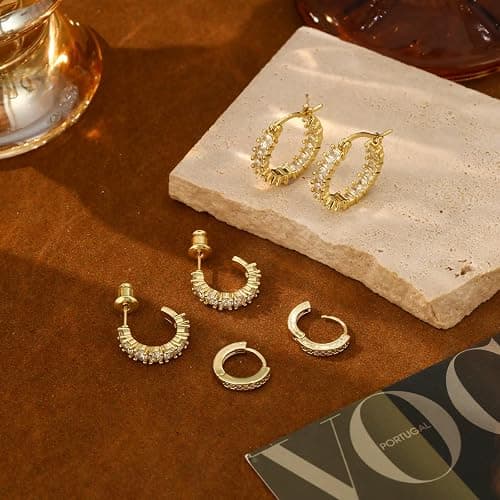ASCOMY Gold Hoop Earrings Set for Women - 14K Gold/White Gold Plated Huggie Hoops, Cubic Zirconia Studs, Chunky Open Hoops - CZ Jewelry Gifts thumbnail 5