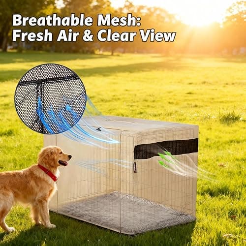 HiCaptain 30-Inch Dog Crate Cover with Mesh, Waterproof Kennel Cover, Beige | Breathable mesh, dual zip panels and durable fabric resist wind rain and UV rays; fits 30 x 19 x 21-inch crates; cover only thumbnail 2