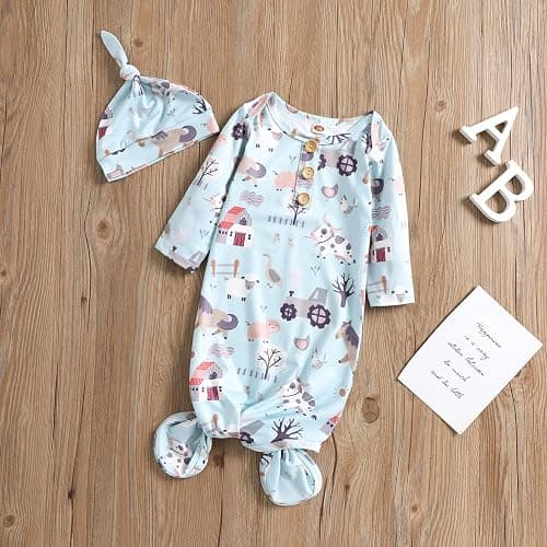 Fvzbovte Newborn Knotted Gown Soft Cotton Baby Set Floral Onesie Girls and Boys Sleeper Nightgown thumbnail 2