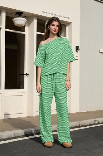 Ythomm Striped Pajama Sets Womens Two Piece Lounge Outfits Short Sleeve Off Shoulder Shirts Drawstring Pants Matching Pj Sets thumbnail 2