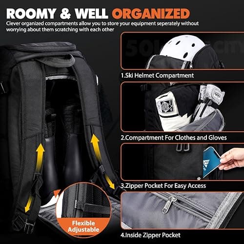 Hikenture Ski Boot Bag Backpack, 50L Padded Ski Bag & Snowboard Boot Bag with Drain Holes, Large Capacity Water-Resistant Ski Travel Bag for Ski Boots, Helmet, Goggles, Clothes, Gloves, Snowboard Gear - Black thumbnail 4