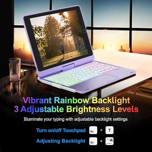 Baisla iPad 9th Generation Case with Keyboard 10.2" (2021), 360° Rotatable with Trackpad & Rainbow Backlit, iPad Keyboard case for 9th/8th/7th, iPad Air 3, iPad Pro 10.5 (Metallic Purple) thumbnail 6