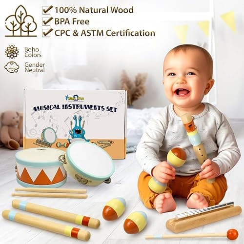 MINIARTIS Toddler Musical Instruments - Montessori Wooden Musical Toys for Toddlers 1-3 | Modern Boho Baby Drum Set with Neutral Colors Percussion Instruments | Kids Preschool Educational thumbnail 3