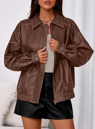 PRETTYGARDEN Leather Jacket Women Faux Oversized Coat | Motorcycle Bomber Fall Jackets Trendy, Fashion Going Out Outfits, Travel, Winter Clothes, Zip Up Outerwear thumbnail 2