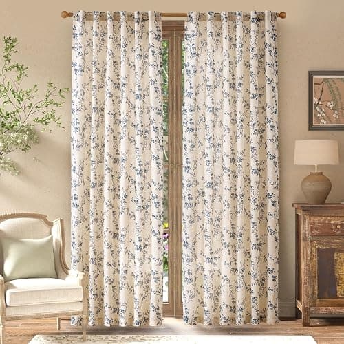 jinchan Linen Floral Curtains for Living Room 84 Inch Length Blue Printed Curtains Back Tab French Country Farmhouse Flower Patterned Drapes Bedroom Window Curtain Set 2 Panels thumbnail 2