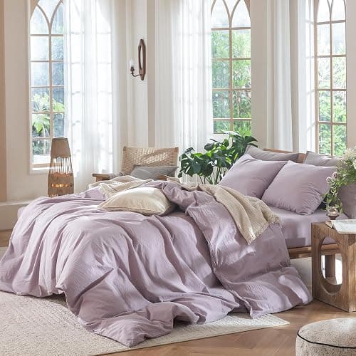 MooMee Bedding Duvet Cover Set 100% Washed Cotton Linen Like Textured Breathable Durable Soft Comfy (Heathered Light Purple, Twin 68"x90") thumbnail 3