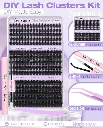 Volume Lash Clusters Kit with Spikes Manga Eyelash Clusters Wispy Cluster Eyelash Extensions Kit 12-20mm D Curl Spiky Individual Lashes DIY Lash Extension Kit with Quick-Dry Bond & Seal, Lash Tweezer thumbnail 7