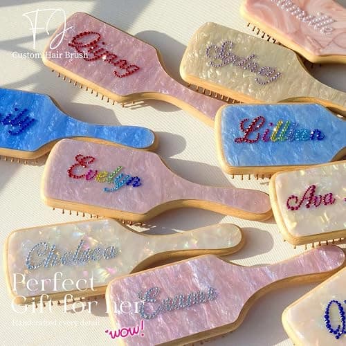 Personalized Rhinestone Hair Brush with Name - Custom Bling Hairbrush for Women & Girls, Handmade Marble Bamboo Wood Brush for Scalp Massage, Detangling, Gifts(Pink Sugar) thumbnail 2