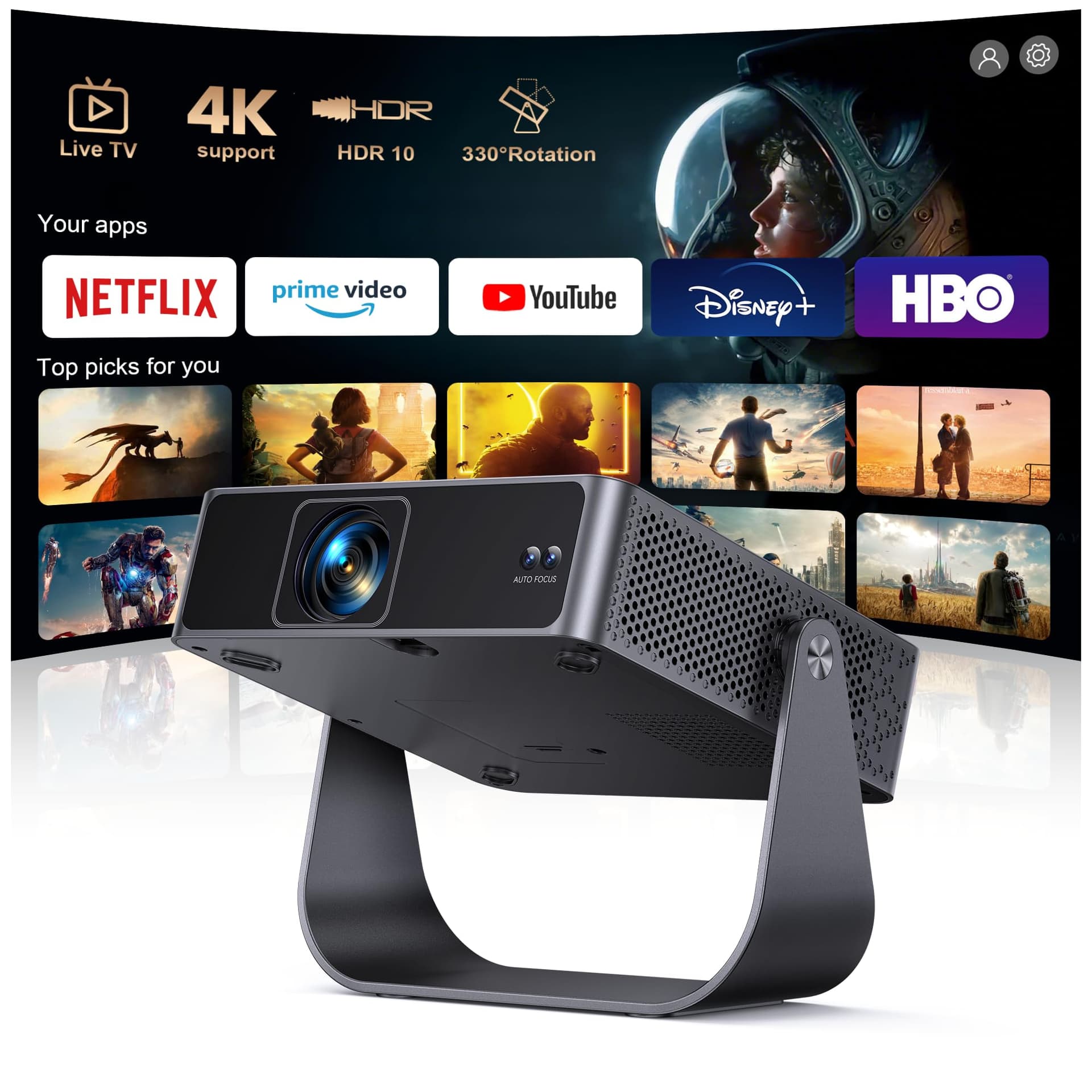 4k Projector 【Compatible with Netflix/Disney/Live TV &330° Rotatable】Mini Projector Portable with Auto Focus& 6D Keystone,1080P Full HD Smart Projector WiFi6 Bluetooth for Home Cinema Ceiling/Outdoor - Image 1