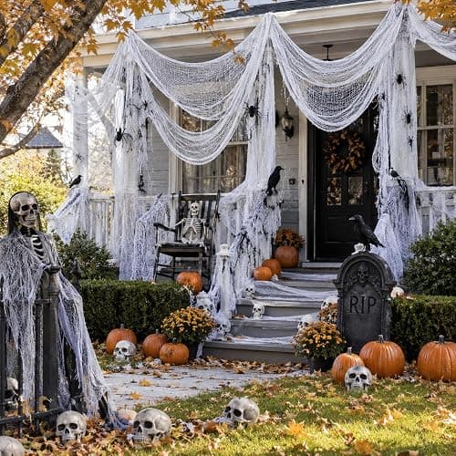 5 Pcs White Halloween Gauze Creepy Cloth Fabric Tapestry Decor Decorations | 72 x 30 inch White Halloween Decor, Indoor Outdoor Halloween Spooky Decorations for Home Wall Table Yard Haunted House Party thumbnail 9