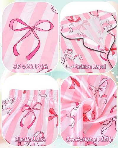 Sylfairy Girls Pajamas Silk PJS Set Pink Bow Satin Sleepwear Short Sleeve Jammies for Kids Button-Down Nightwear size 7-14 thumbnail 6