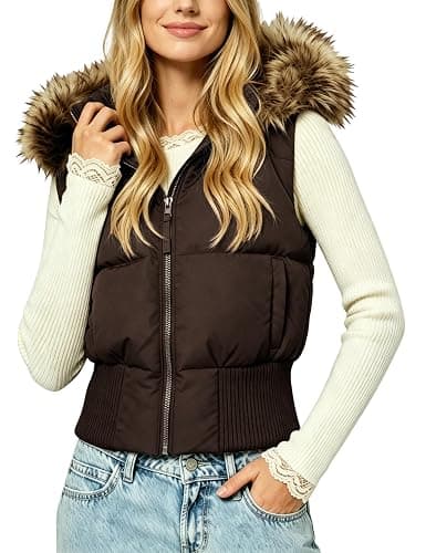 Silly Turtle Puffer Vest Women Faux Fur Hooded Fall Winter Coat Jacket | Sleeveless Vest, Detachable Faux-Fur Hood, Zip-Up, Side Pockets, Ribbed Hem, Slim Fit, Cropped, Y2K. - Image 1