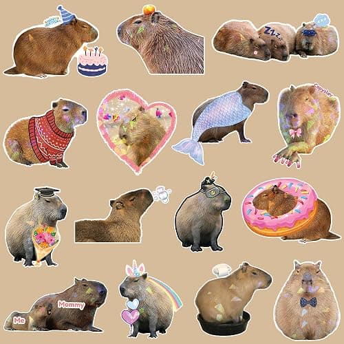 Capybara Stickers, 108 PCS Funny Vinyl Waterproof, Meme Animals Holographic Decals Stickers for Laptop, Water Bottles, Capy Birthday Decorations, Gifts for Capybara Lover thumbnail 6
