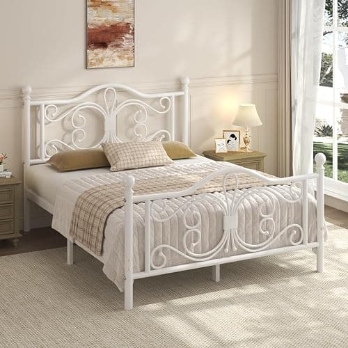 LoVinson Queen Bed Frame, Metal Platform Bed with Butterfly Pattern Design Headboard & Footboard, Heavy Duty Metal Slats, Easy Assembly, No Box Spring Needed, White thumbnail 3