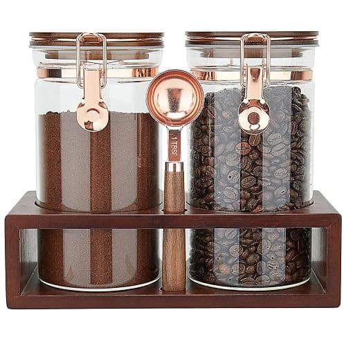 SIQOLNY Glass Coffee Container with Wooden Shelf, 2 x 40 FLOZ Coffee Bean Storage with Sealed Closure Clips and Copper Spoon, Kitchen Large Capacity Food Storage Jar, Ground Coffee Container - Image 1