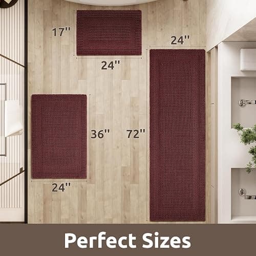 AMOAMI Waffle Bath-Mat, Absorbent Bath Mats for Bathroom Non Slip, Machine Washable Bathroom Rugs with Tassels Ultra Soft Boho Bath Rugs for Floor 17"x24" Red thumbnail 2