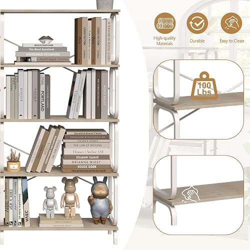 Leavader 2-Pack Industrial Bookshelf, 5-Tier Freestanding Bookcase with Wooden Shelves & Metal Frame, 63'' Tall Metal Storage Shelf for Living Room, Home Office (Oak White) thumbnail 4