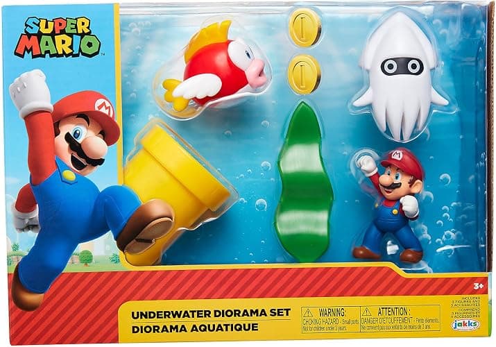 Nintendo Super Mario Underwater 2.5" Figure Diorama Play Set, Includes: Mario, Cheep-Cheep, Blooper, Mechanical Warp Pipe, Spinning Water Plant & Two Coins - Image 1