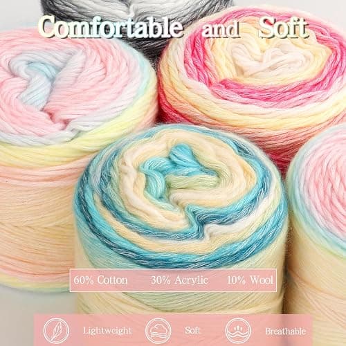 Katech Ombré Yarn for Crocheting-Gradient Cake Yarn-4x100g 60% Cotton 30% Acrylic 11% Wool-Multicolor Soft Rainbow Cotton Crochet Yarn for Scarves, Shawls, Blankets and Garments(P) thumbnail 5