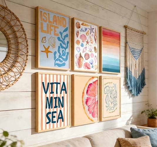 MBFKVFE 6 Pcs Coastal Wall Art, Colorful Beach Wall Decor with Seashell Starfish Coral and Grapefruit, Tropical Island Life Prints & Paintings for Bedroom Dorm Living Room 8x10 / 12x16 Inch Unframed thumbnail 6