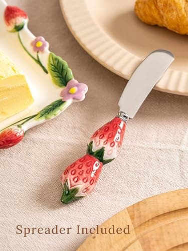 Ceramoira Cottage Strawberry Butter Dish w/ Lid & Knife, Artisanal Handmade | Large Butter Holder for Countertop, Ceramic Covered Butter Tray w/ Spreader, Fits 2 Sticks, Embossed Country Farmhouse Decor thumbnail 7