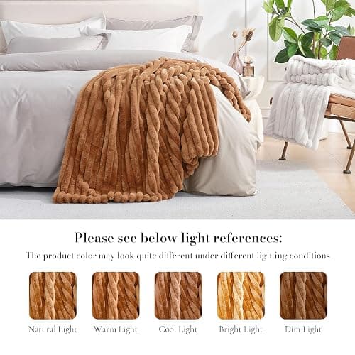 Amélie Home Faux Fur Throw Blanket for Couch, Cozy Fuzzy Fluffy Fur Luxurious Soft Striped Plush Gift Blankets for Family Sofa Chair Bedroom, 55"x70", Orange Brown thumbnail 10