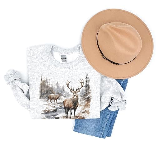 Vintage Deer Wilderness Scene - 90s Vintage Deer Sweatshirt - Scenic Winter Nature Sweater - Unisex Graphic Crewneck Sweatshirt thumbnail 8
